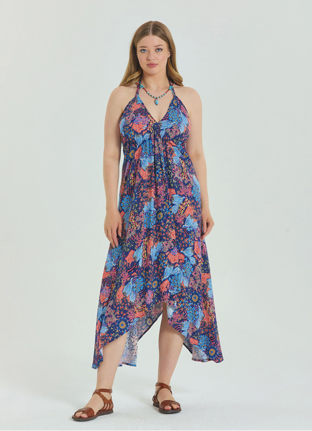 V Neck Backless Halter Neck Blue Plus Size Dress 4664